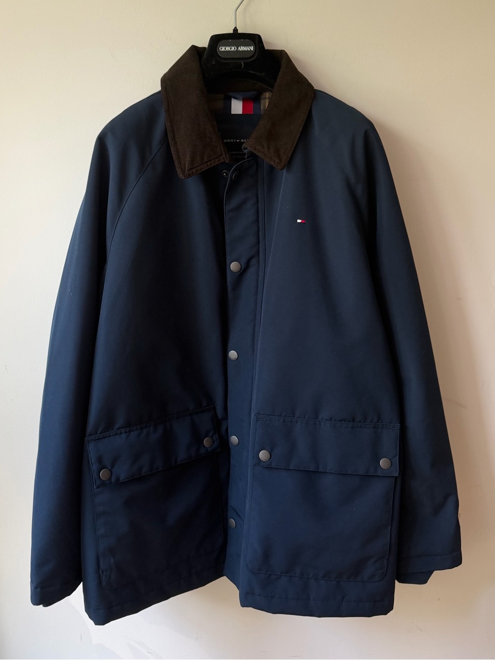 New Tommy Hilfiger Navy Jacket with Brown Corduroy Collar XL